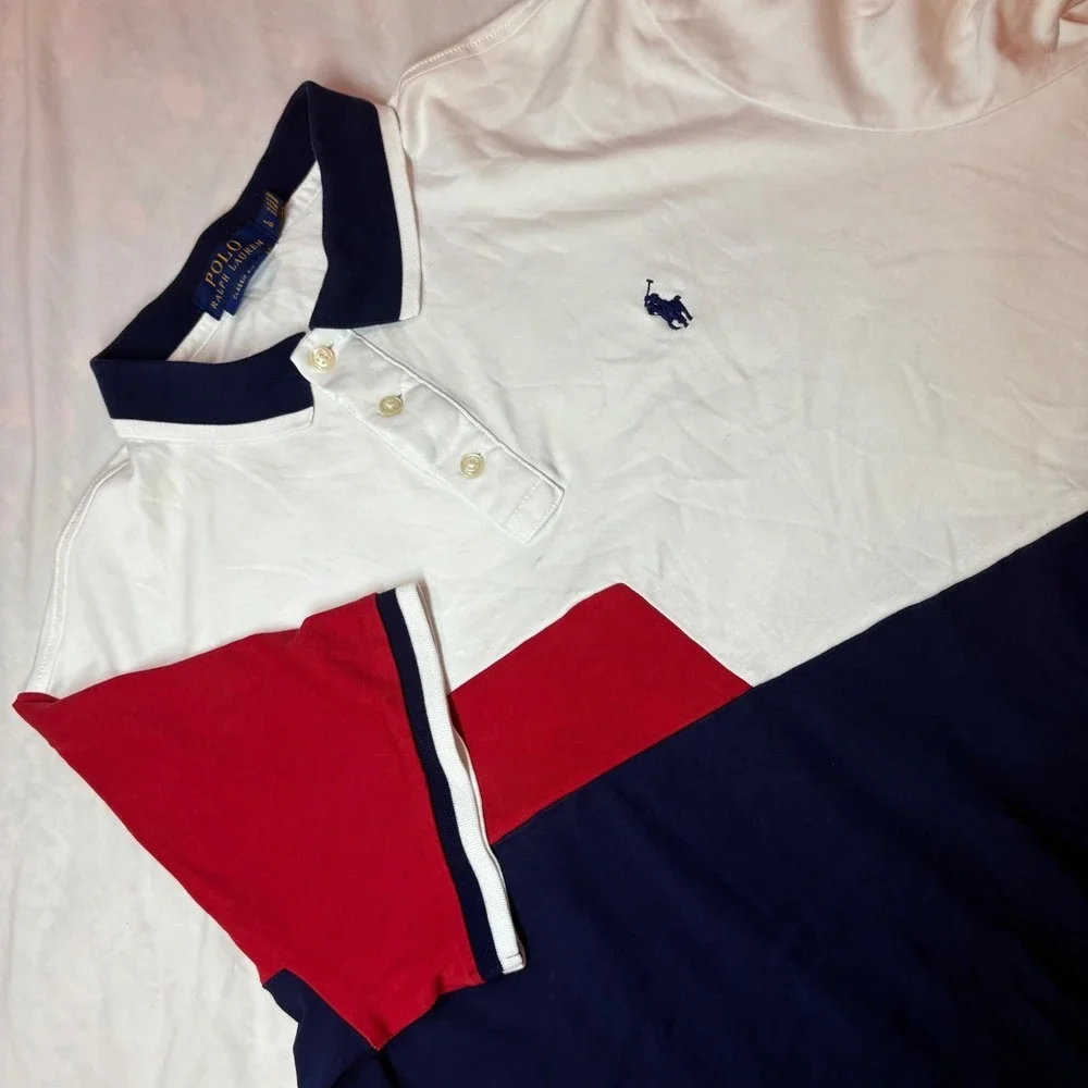 Polo Ralph Lauren Mens Classic Fit Colorblock Polo Shirt Navy White Red Large